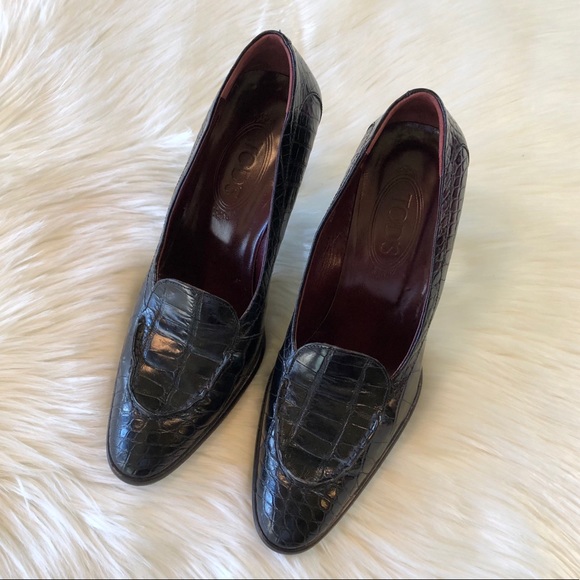 TOD’S Black Leather Croco Embossed Heels 40 - Picture 2 of 16